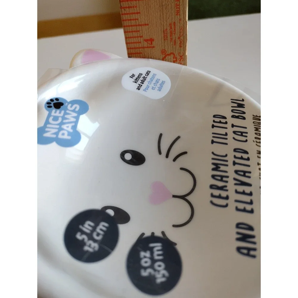 Nice Paws‎ Ceramic Tilted And Elevated Kitty Cat Food Bowl White Kitties/ Adults
